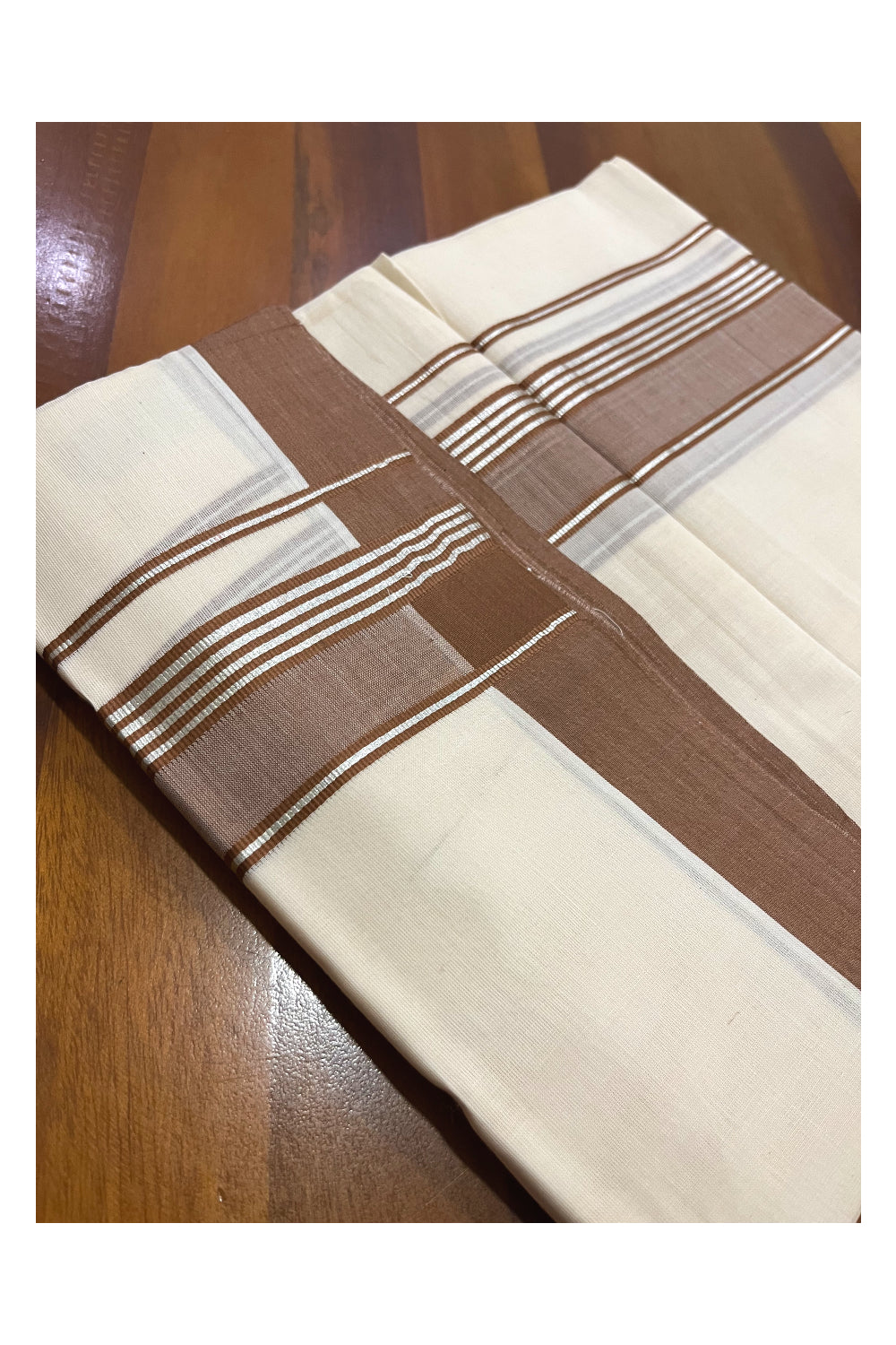 Pure Cotton 100x100 Double Mundu with Brown and Silver Kasavu Border (Onam Mundu 2023)