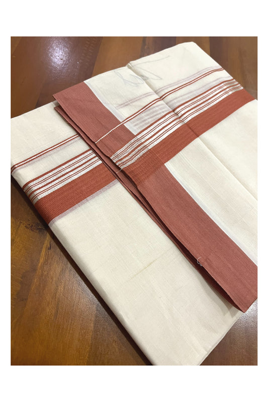 Pure Cotton 100x100 Double Mundu with Silver Kasavu and Dark Orange Border (Onam Mundu 2023)