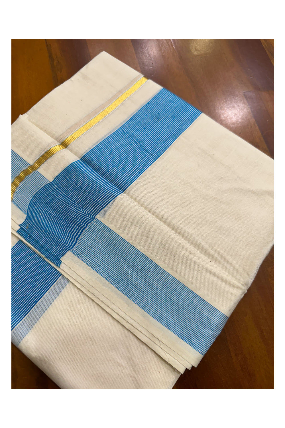 Pure Cotton Mundu with Blue Lines and Kasavu Border (South Indian Kerala Dhoti)