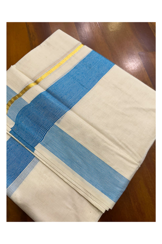 Pure Cotton Mundu with Blue Lines and Kasavu Border (South Indian Kerala Dhoti)