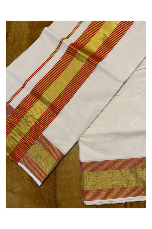 Pure Cotton Kerala Saree with Orange and Kasavu Lines Border and Pallu