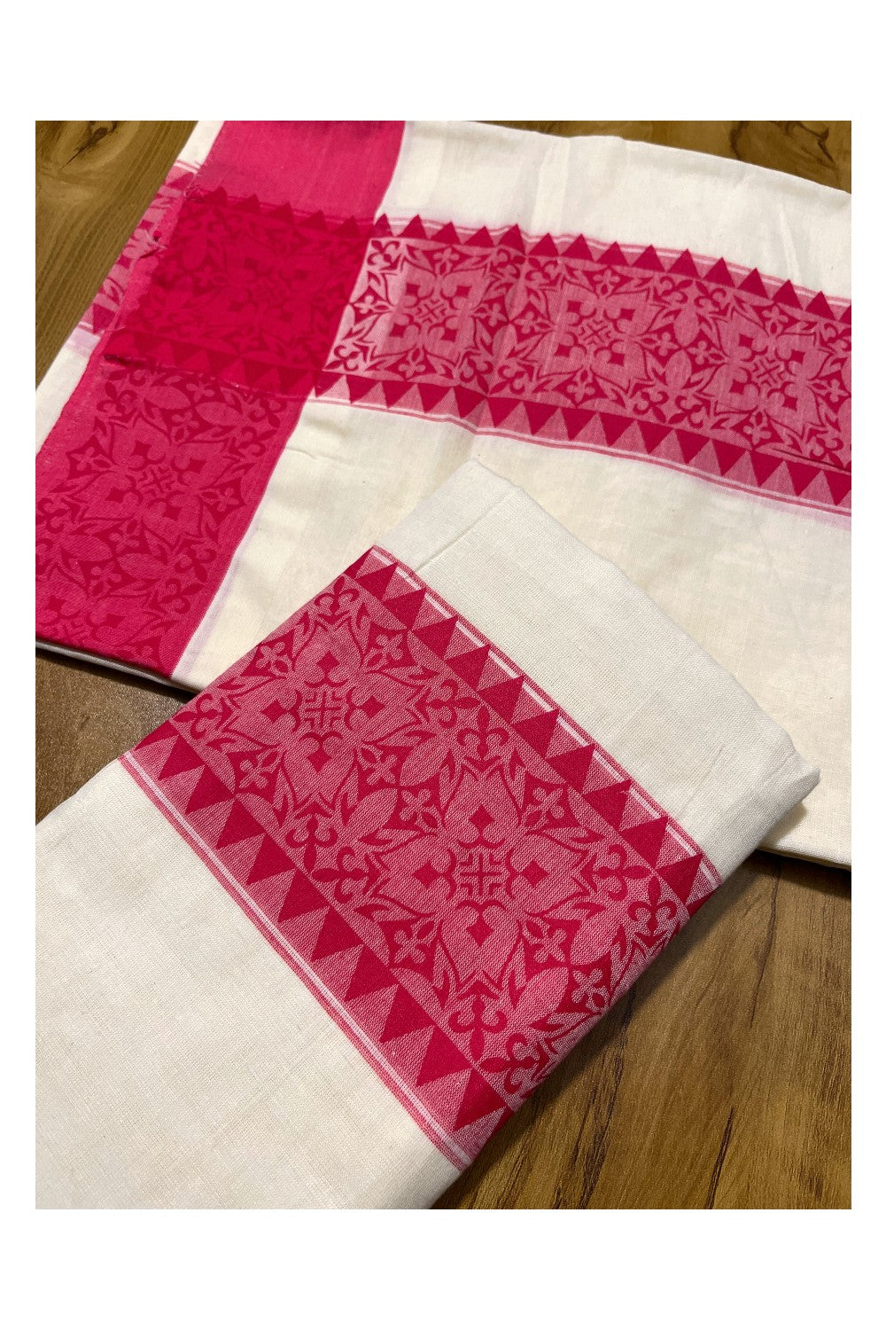 Kerala Cotton Single Set Mundu (Mundum Neriyathum) with Pink Temple  Block printed Border