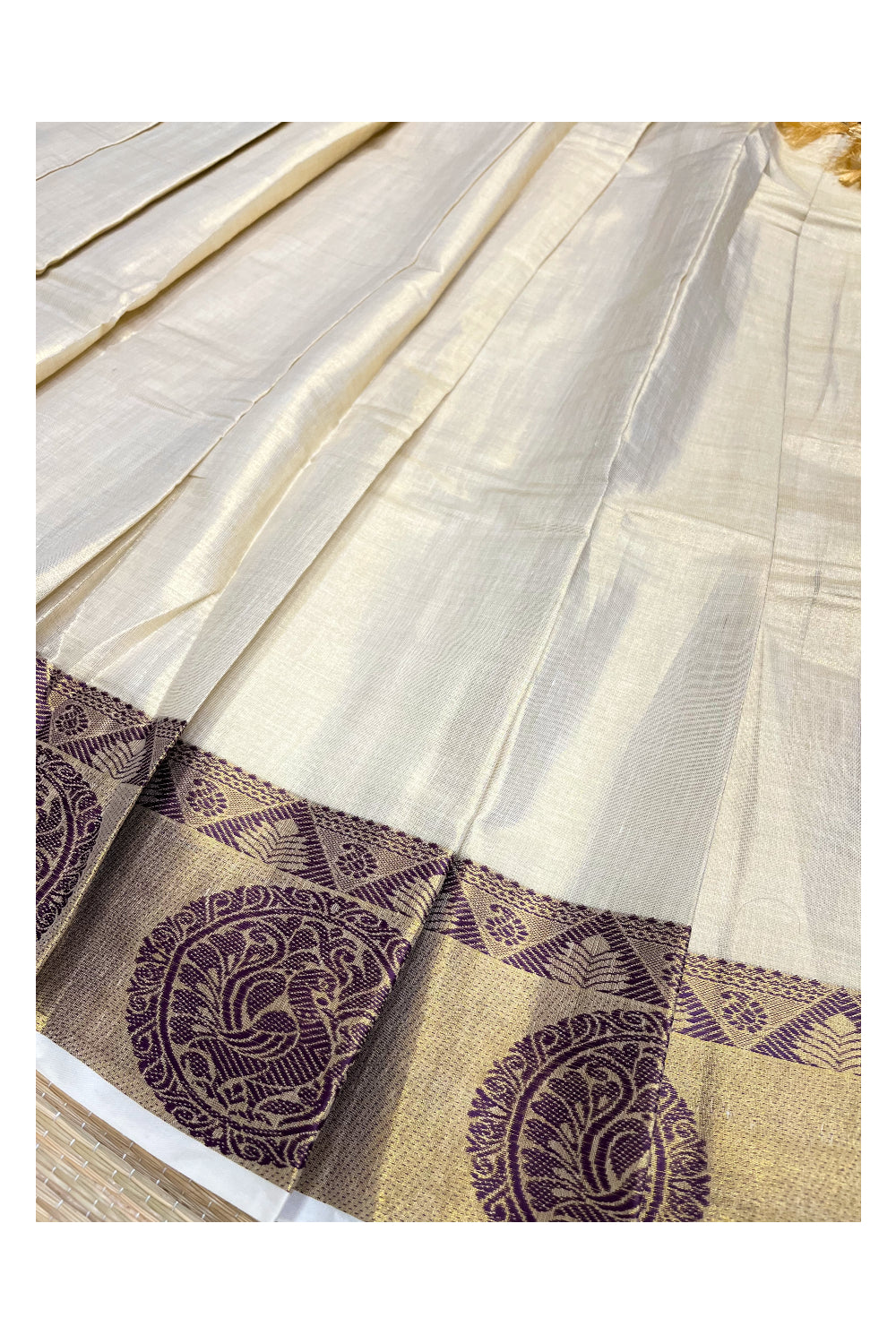 Southloom Tissue Semi Stitched Dhavani Set with Violet Peacock Woven Kasavu Border