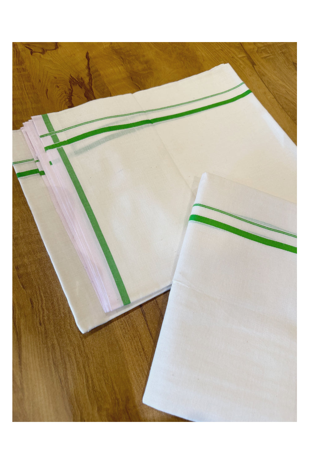 Kerala Cotton Set Mundu (Mundum Neriyathum) with 0.5 inch Light Green Border