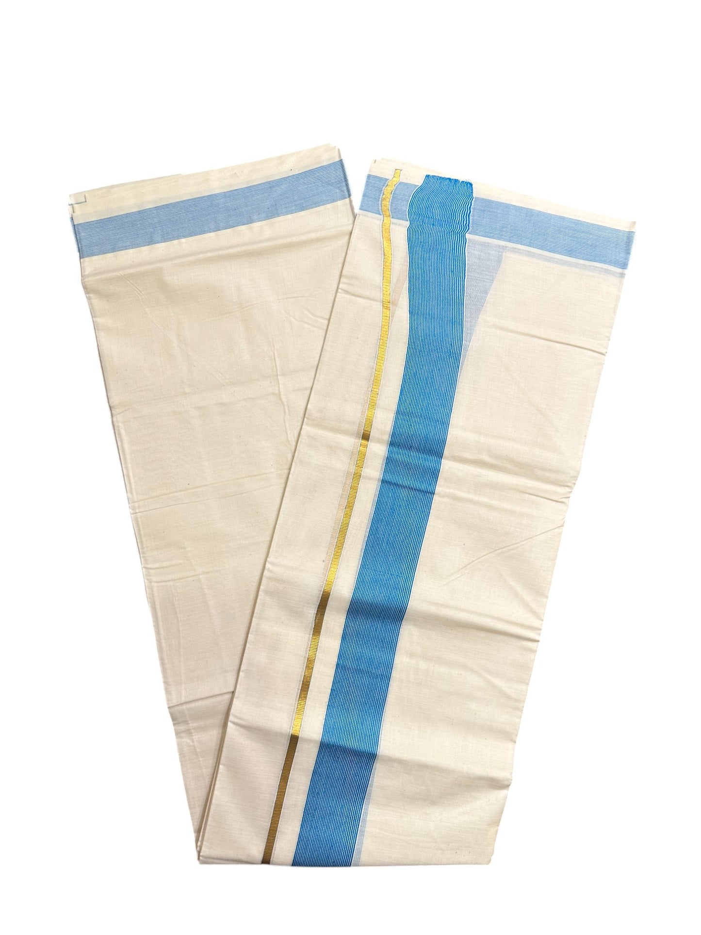 Pure Cotton Mundu with Blue Lines and Kasavu Border (South Indian Kerala Dhoti)