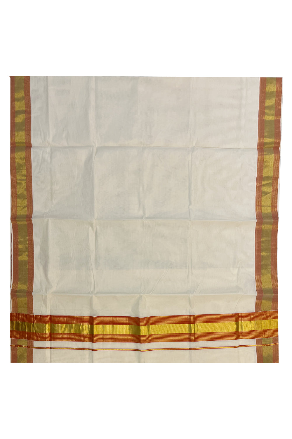 Pure Cotton Kerala Saree with Orange and Kasavu Lines Border and Pallu