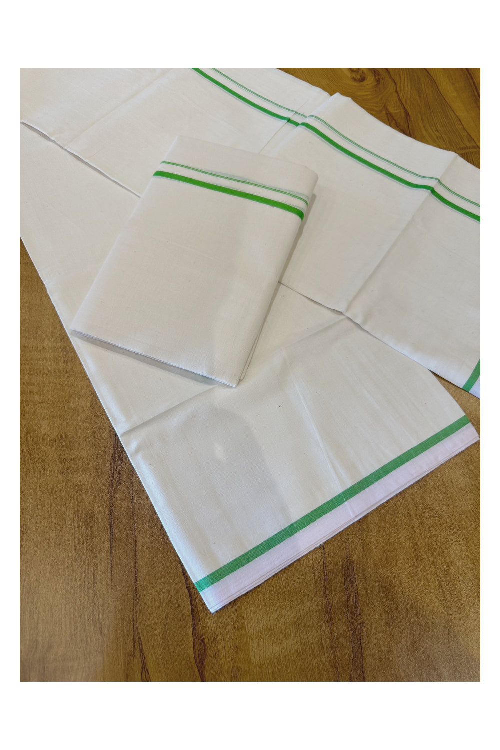 Kerala Cotton Set Mundu (Mundum Neriyathum) with 0.5 inch Light Green Border