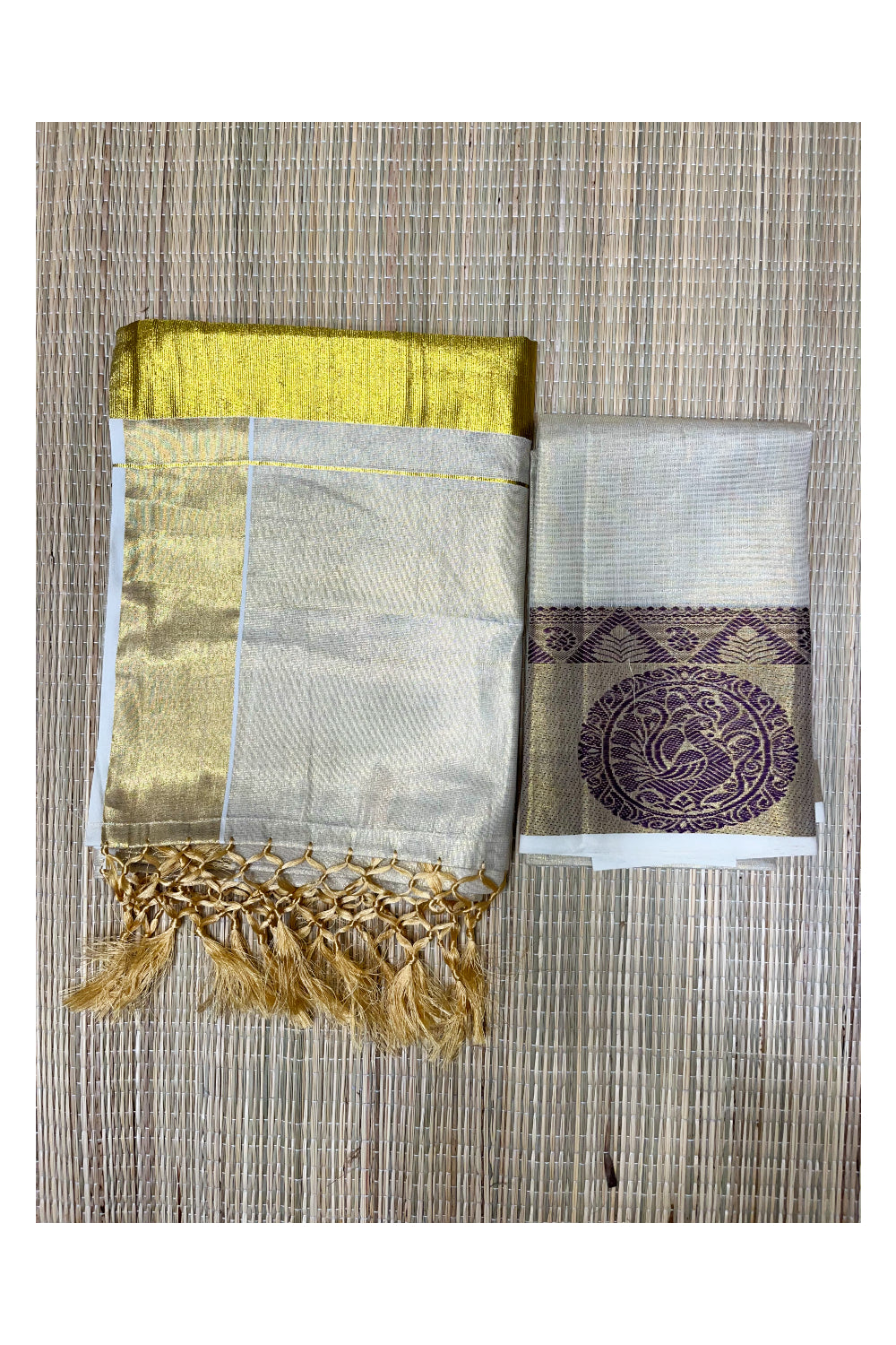 Southloom Tissue Semi Stitched Dhavani Set with Violet Peacock Woven Kasavu Border