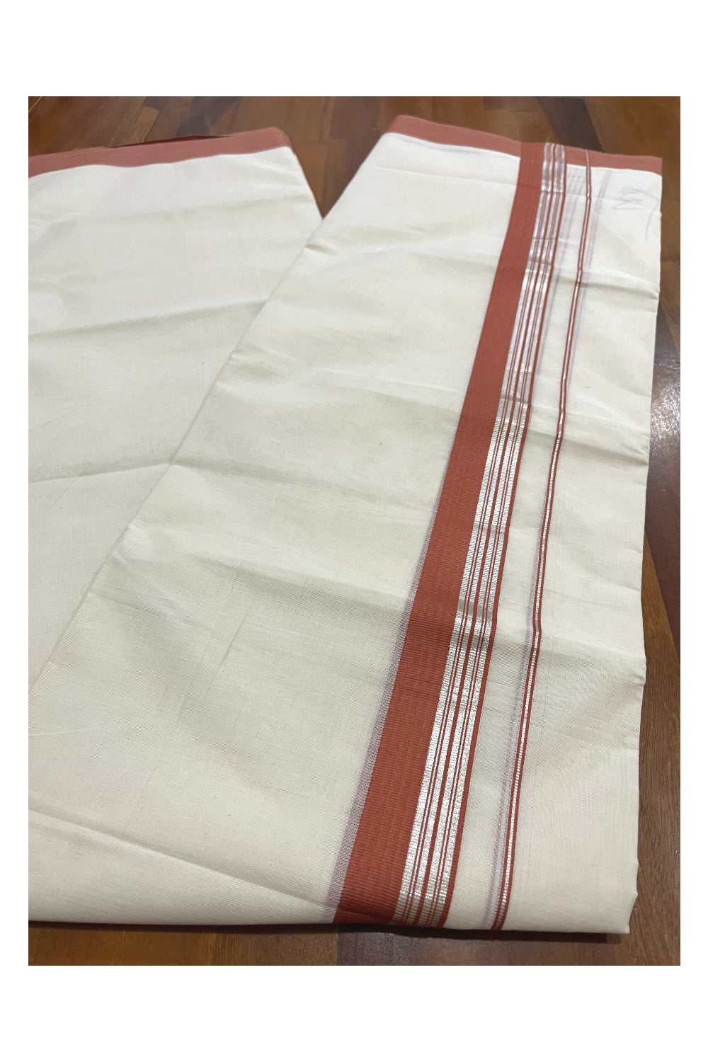 Pure Cotton 100x100 Double Mundu with Silver Kasavu and Dark Orange Border (Onam Mundu 2023)