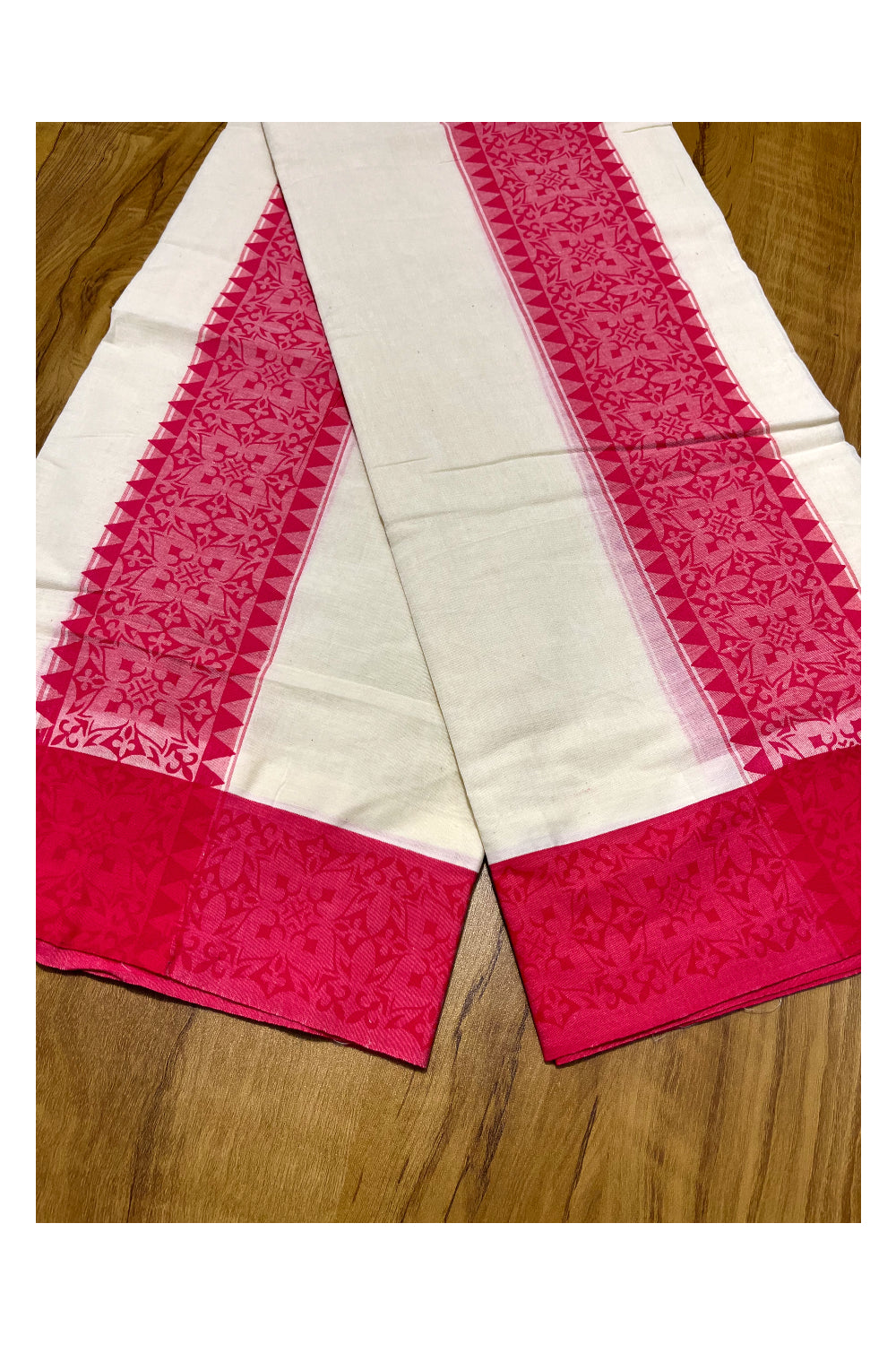 Kerala Cotton Single Set Mundu (Mundum Neriyathum) with Pink Temple  Block printed Border