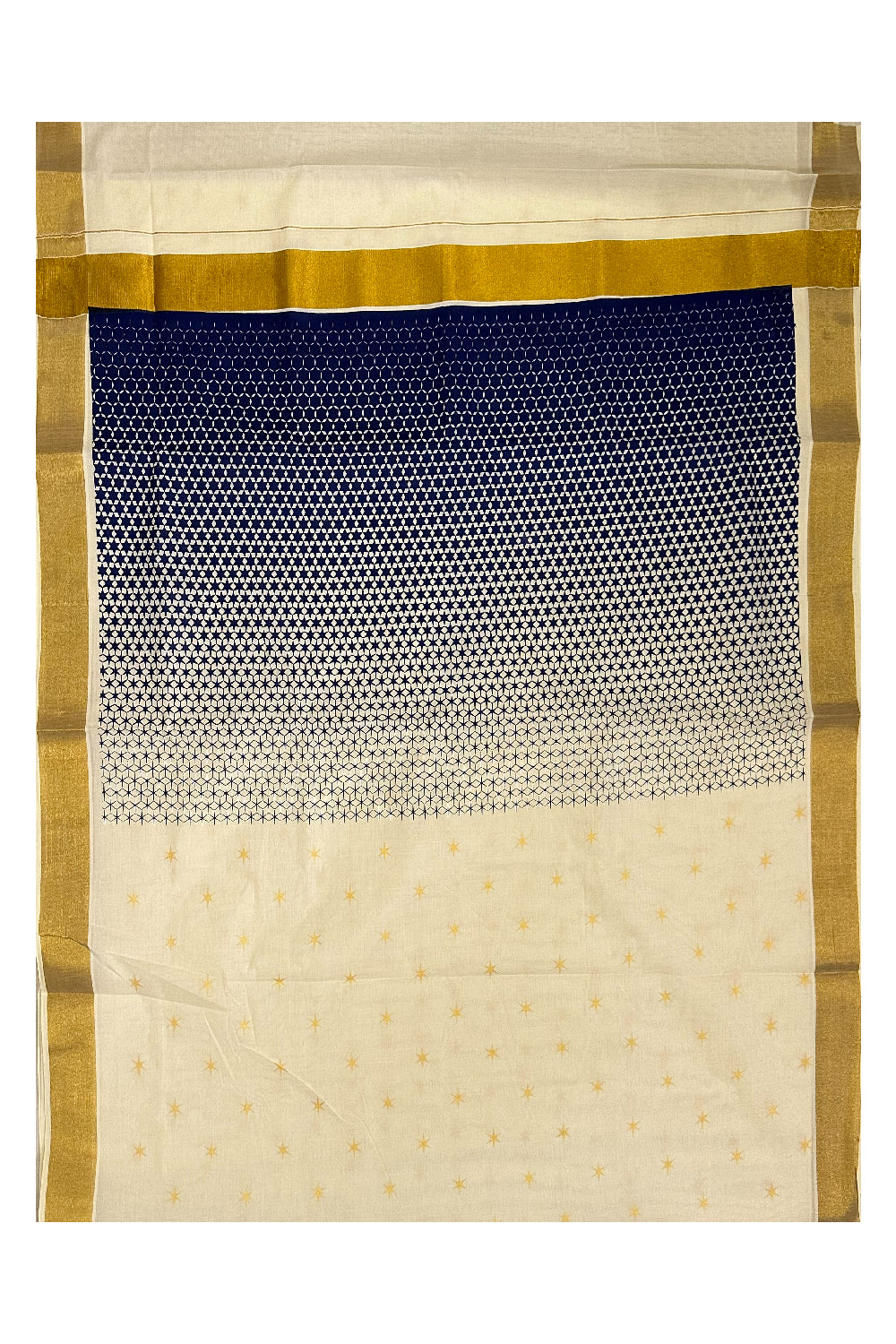 Kerala Cotton Saree with Dark Blue Block Prints and Kasavu Border (Onam Saree 2023)