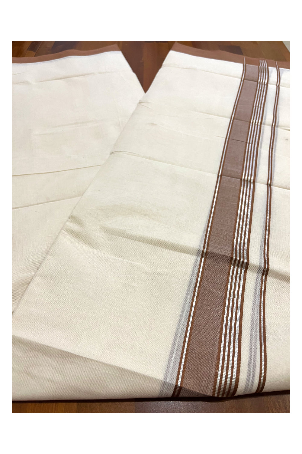 Pure Cotton 100x100 Double Mundu with Brown and Silver Kasavu Border (Onam Mundu 2023)