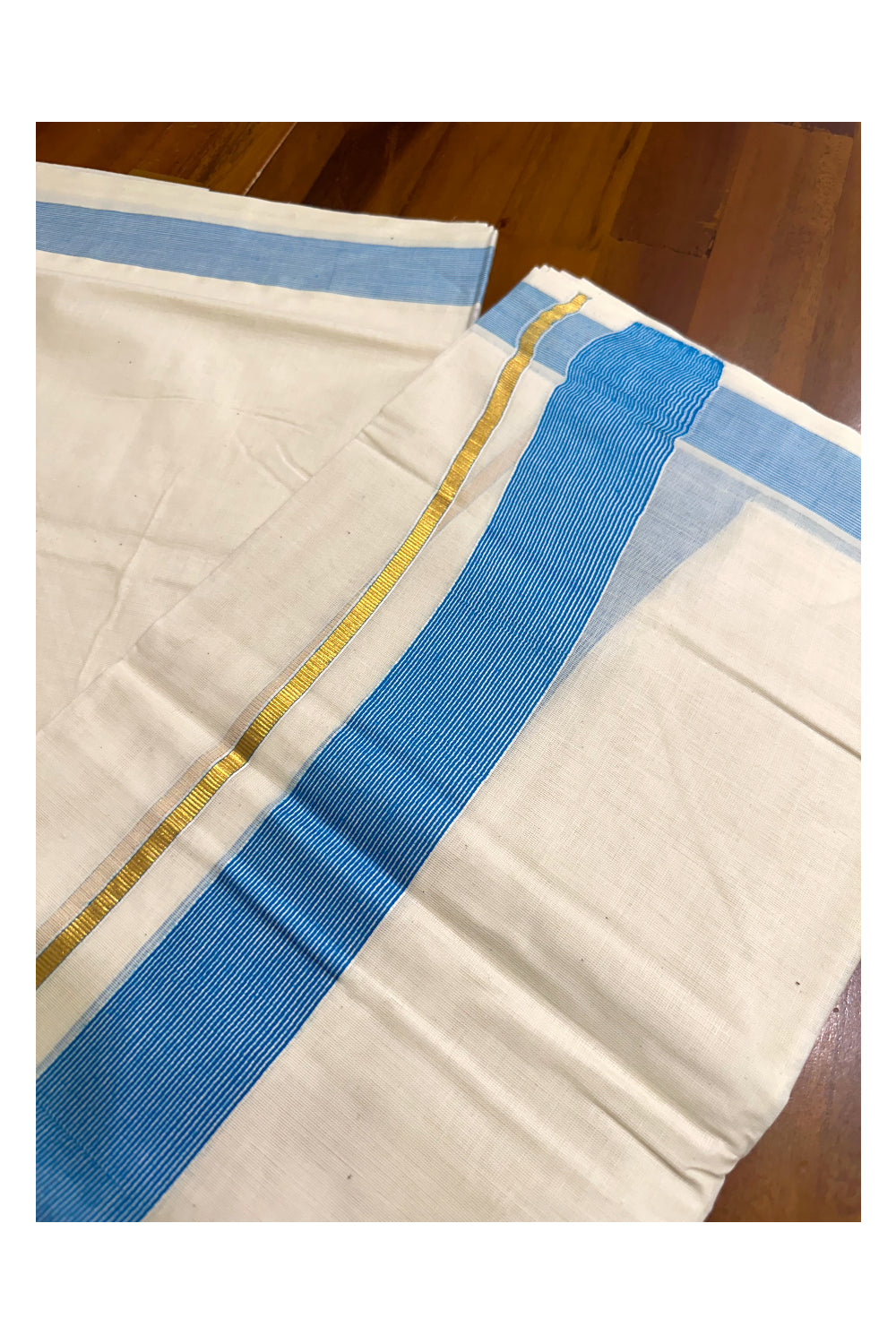 Pure Cotton Mundu with Blue Lines and Kasavu Border (South Indian Kerala Dhoti)