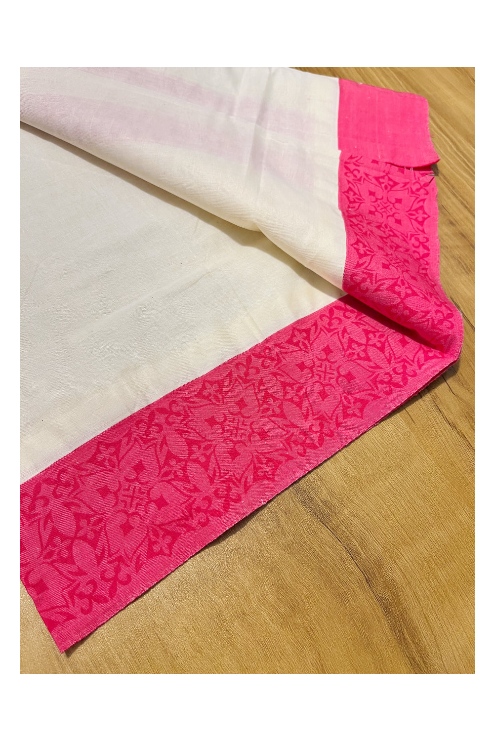 Kerala Cotton Single Set Mundu (Mundum Neriyathum) with Pink Temple  Block printed Border