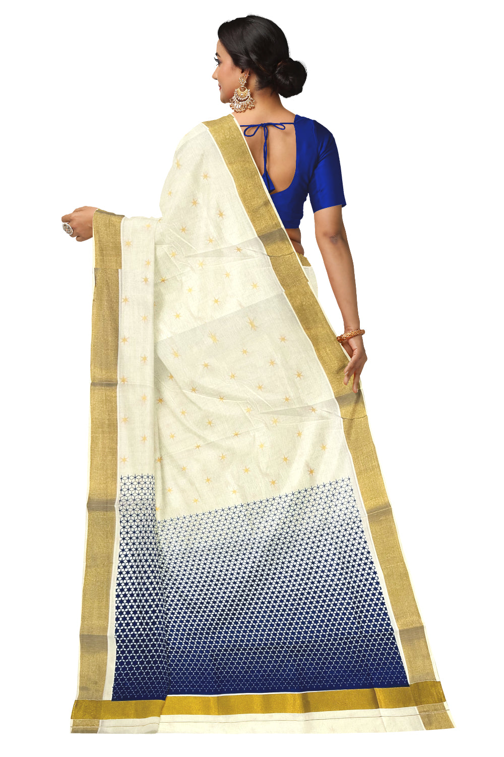 Kerala Cotton Saree with Dark Blue Block Prints and Kasavu Border (Onam Saree 2023)