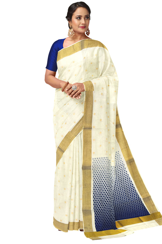 Kerala Cotton Saree with Dark Blue Block Prints and Kasavu Border (Onam Saree 2023)