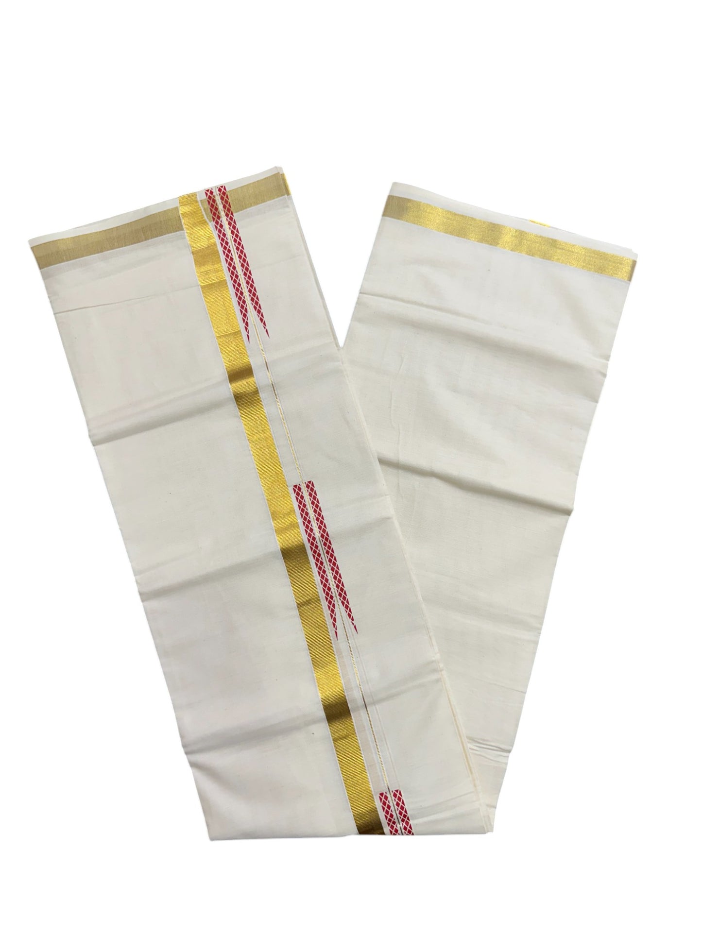 Kerala Pure Cotton Double Mundu with Red Chutti Printed Designs on Kasavu Border (South Indian Kerala Dhoti)