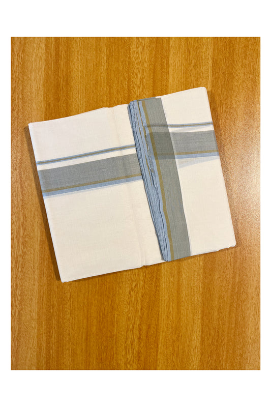 Southloom Premium Handloom Cotton Double Mundu with Blue And Brown Border