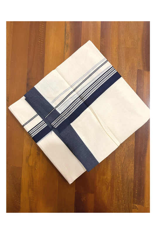 Pure Cotton 100x100 Double Mundu with Silver Kasavu and Navy Blue Border (Onam Mundu 2023)