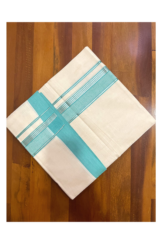 Pure Cotton 100x100 Double Mundu with Turquoise and Silver Kasavu Border (Onam Mundu 2023)