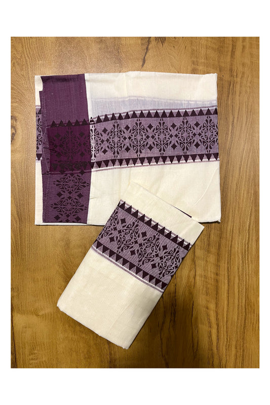 Kerala Cotton Single Set Mundu (Mundum Neriyathum) with Violet Temple  Block printed Border 2.80 mtr