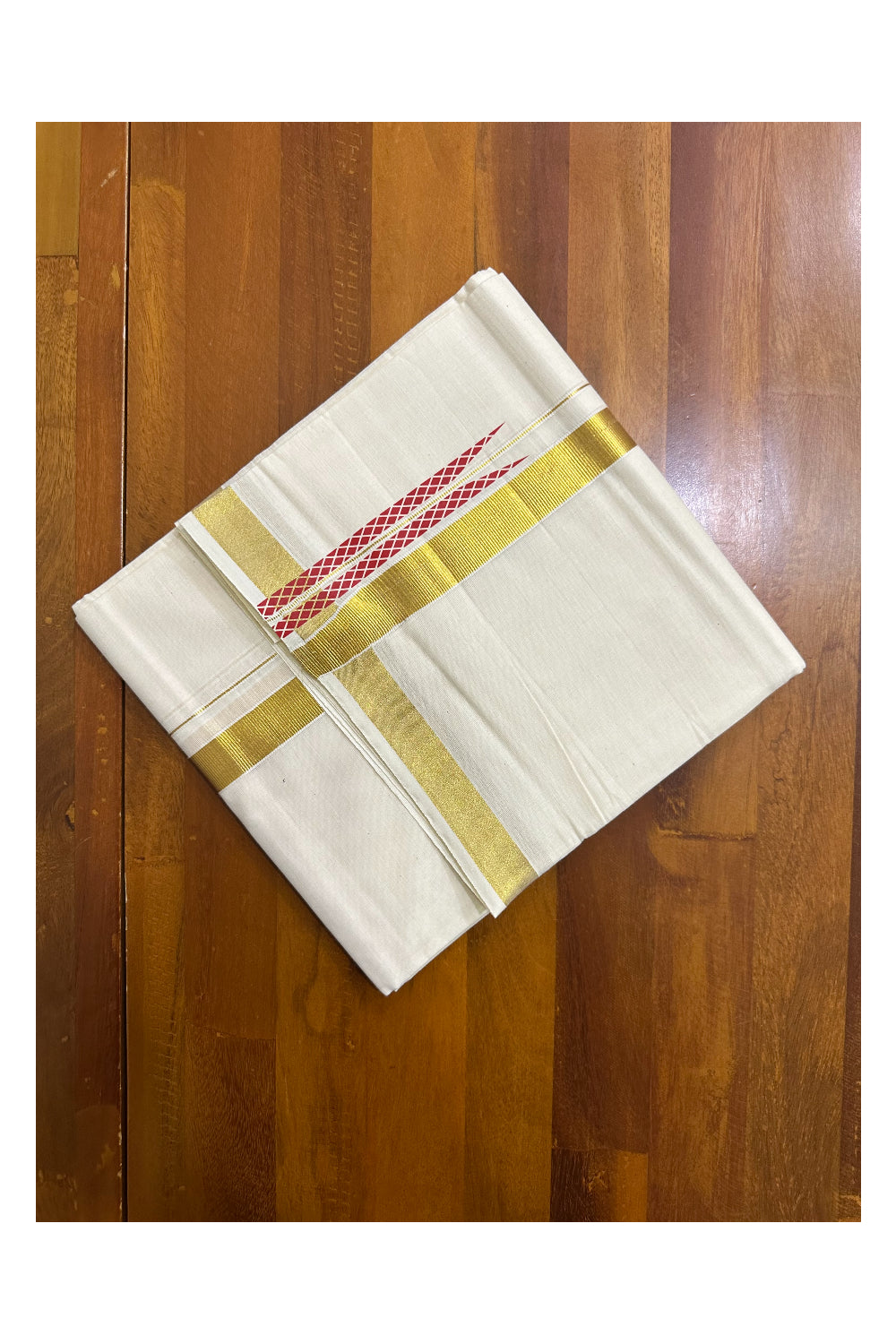 Kerala Pure Cotton Double Mundu with Red Chutti Printed Designs on Kasavu Border (South Indian Kerala Dhoti)