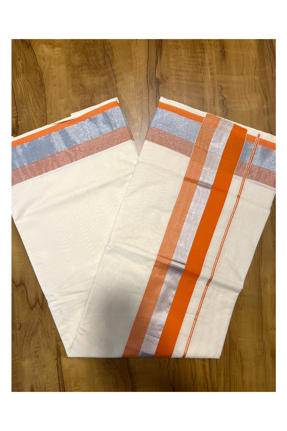 Kerala Pure Cotton Plain Saree with Silver Kasavu and Orange Border