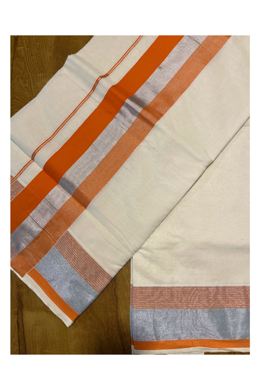 Kerala Pure Cotton Plain Saree with Silver Kasavu and Orange Border