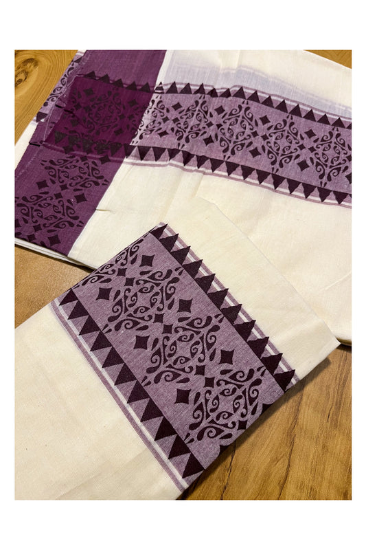 Kerala Cotton Single Set Mundu (Mundum Neriyathum) with Violet Temple  Block printed Border 2.80 mtr