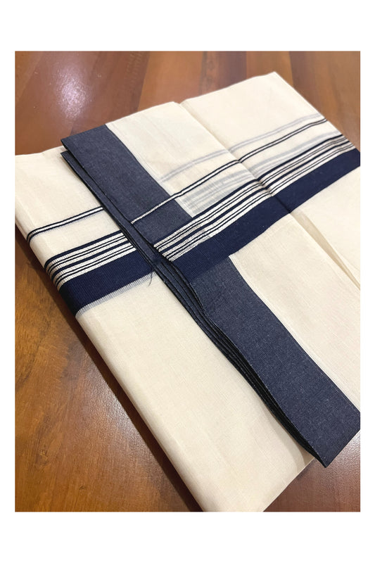 Pure Cotton 100x100 Double Mundu with Silver Kasavu and Navy Blue Border (Onam Mundu 2023)