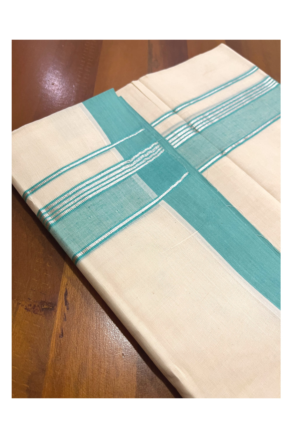 Pure Cotton 100x100 Double Mundu with Turquoise and Silver Kasavu Border (Onam Mundu 2023)