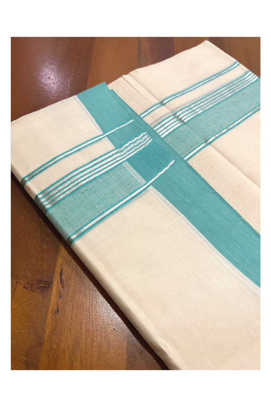 Pure Cotton 100x100 Double Mundu with Turquoise and Silver Kasavu Border (Onam Mundu 2023)