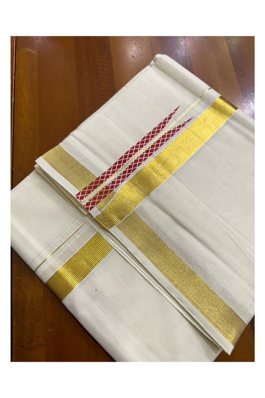 Kerala Pure Cotton Double Mundu with Red Chutti Printed Designs on Kasavu Border (South Indian Kerala Dhoti)