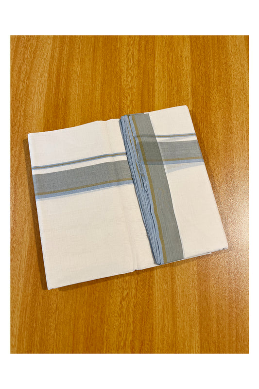 Southloom Premium Handloom Cotton Double Mundu with Blue And Brown Border