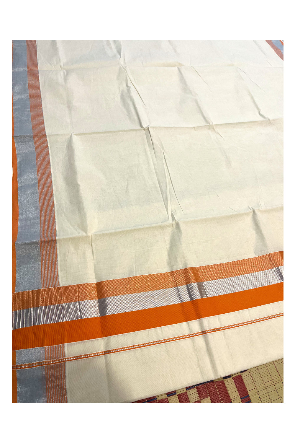 Kerala Pure Cotton Plain Saree with Silver Kasavu and Orange Border