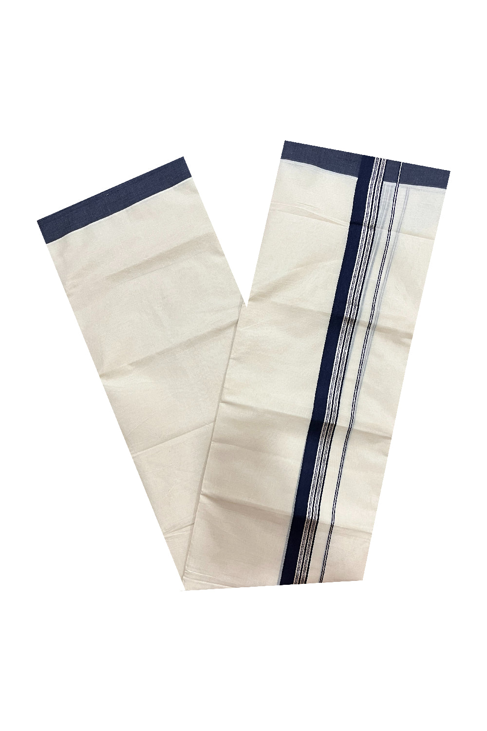 Pure Cotton 100x100 Double Mundu with Silver Kasavu and Navy Blue Border (Onam Mundu 2023)