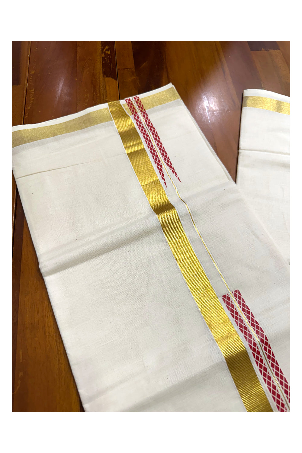 Kerala Pure Cotton Double Mundu with Red Chutti Printed Designs on Kasavu Border (South Indian Kerala Dhoti)