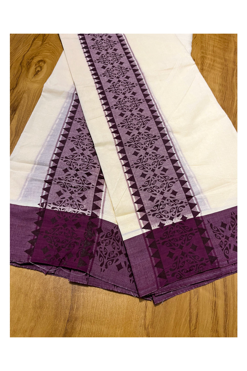 Kerala Cotton Single Set Mundu (Mundum Neriyathum) with Violet Temple  Block printed Border 2.80 mtr