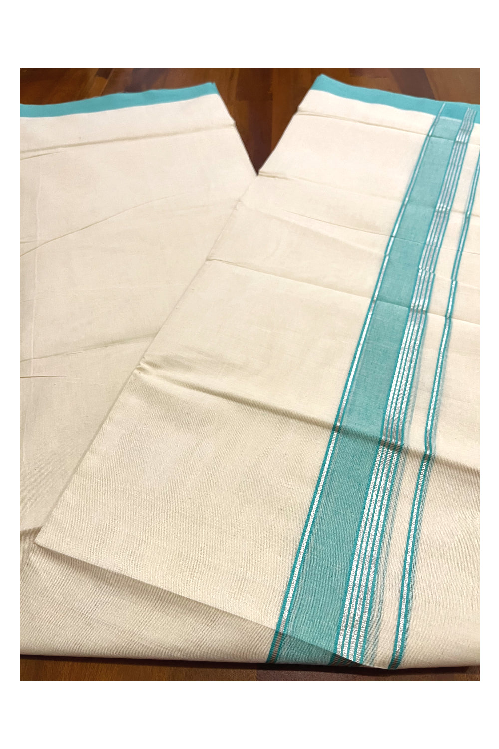 Pure Cotton 100x100 Double Mundu with Turquoise and Silver Kasavu Border (Onam Mundu 2023)