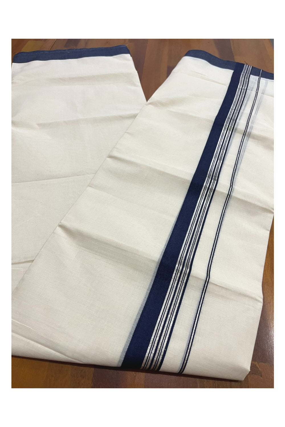 Pure Cotton 100x100 Double Mundu with Silver Kasavu and Navy Blue Border (Onam Mundu 2023)