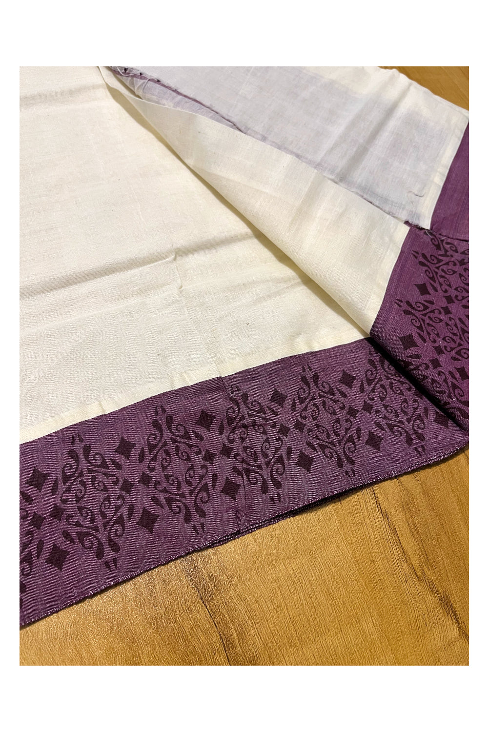 Kerala Cotton Single Set Mundu (Mundum Neriyathum) with Violet Temple  Block printed Border 2.80 mtr