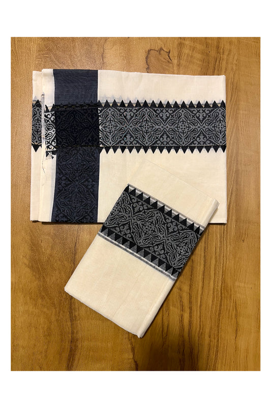 Kerala Cotton Single Set Mundu (Mundum Neriyathum) with Black Temple Block printed Border 2.80 mtr