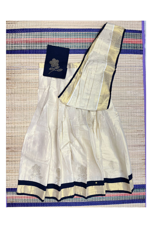 Kerala Tissue Semi Stitched Dhavani Set With Kasavu Pavada and Blue Flower Work Blouse Piece