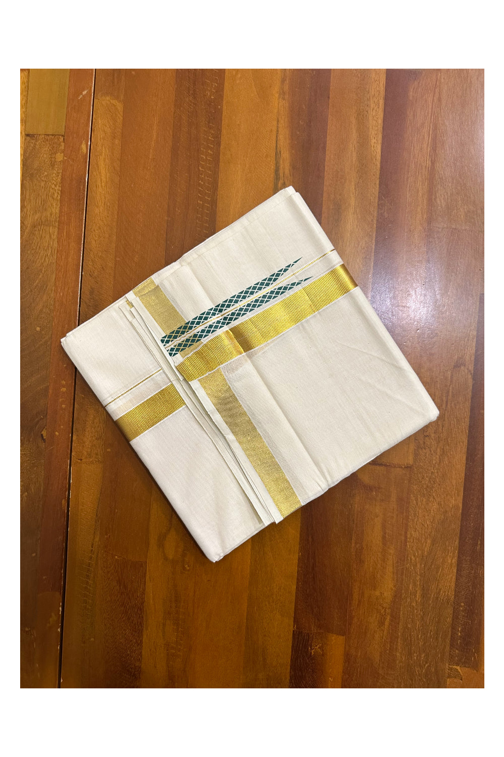 Kerala Pure Cotton Double Mundu with Green Chutti Printed Designs on Kasavu Border (South Indian Kerala Dhoti)