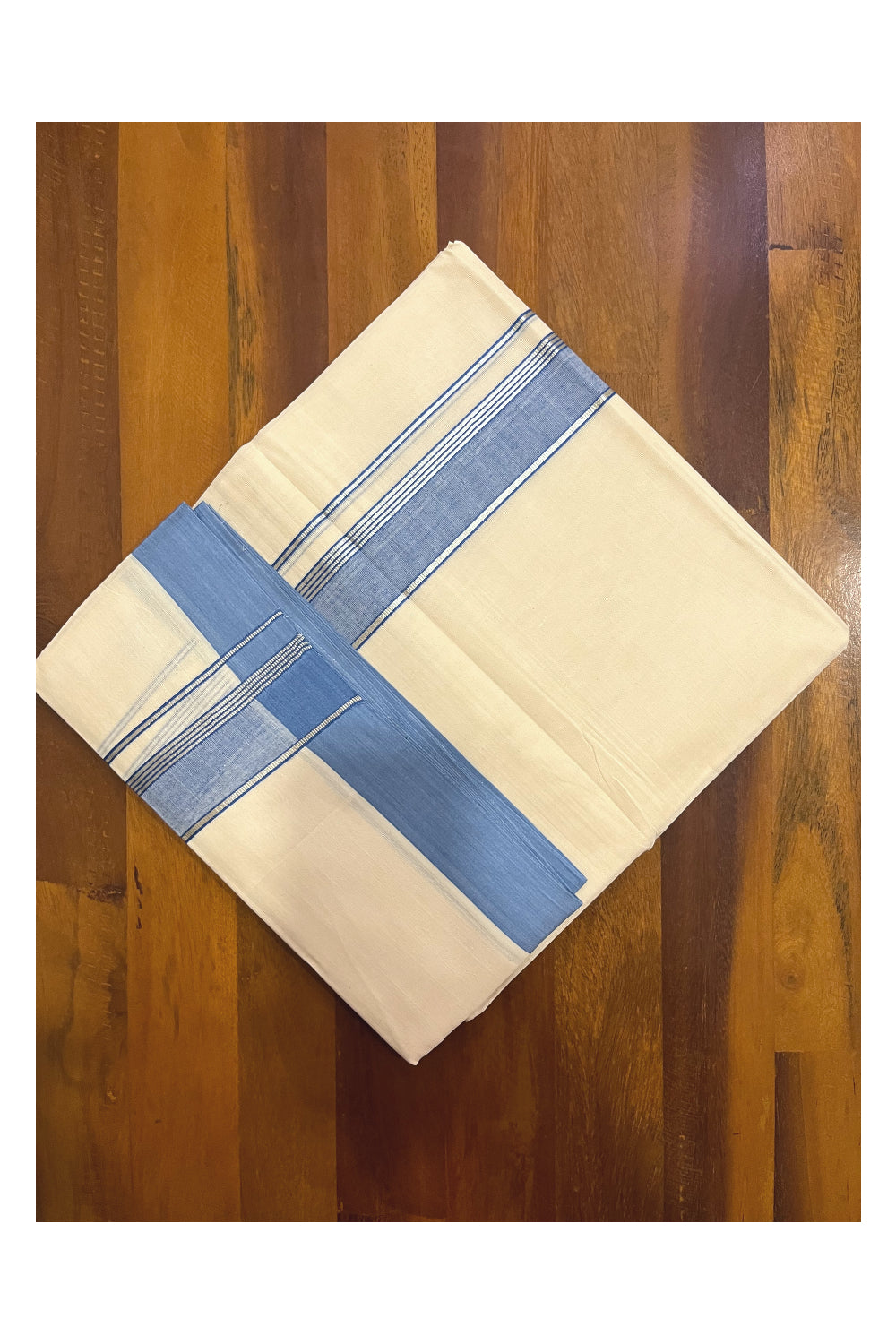 Pure Cotton 100x100 Double Mundu with Blue and Silver Kasavu Border (Onam Mundu 2023)