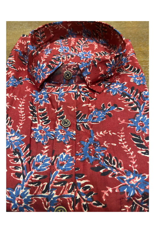 Southloom Jaipur Cotton Red Hand Block Printed Shirt (Full Sleeves)