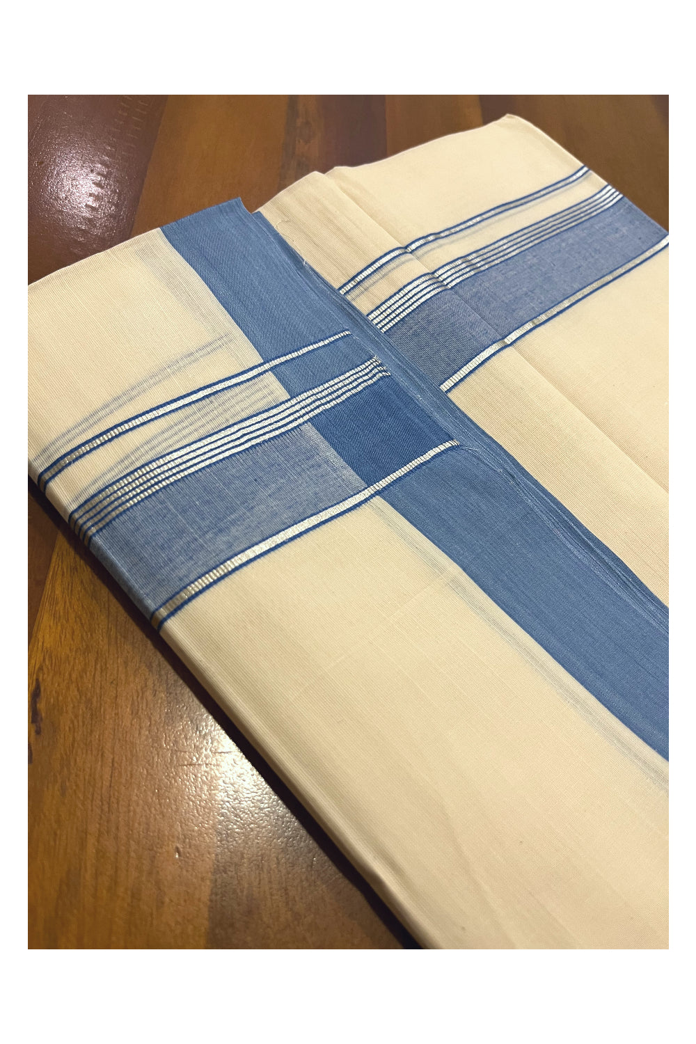 Pure Cotton 100x100 Double Mundu with Blue and Silver Kasavu Border (Onam Mundu 2023)