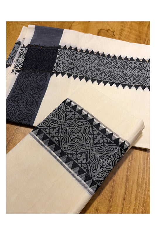 Kerala Cotton Single Set Mundu (Mundum Neriyathum) with Black  Temple Block printed  Border 2.80 mtr