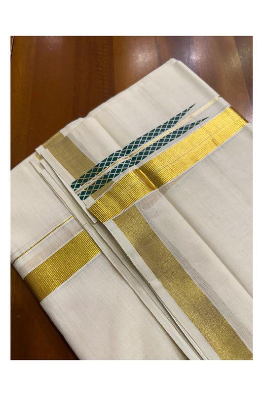 Kerala Pure Cotton Double Mundu with Green Chutti Printed Designs on Kasavu Border (South Indian Kerala Dhoti)