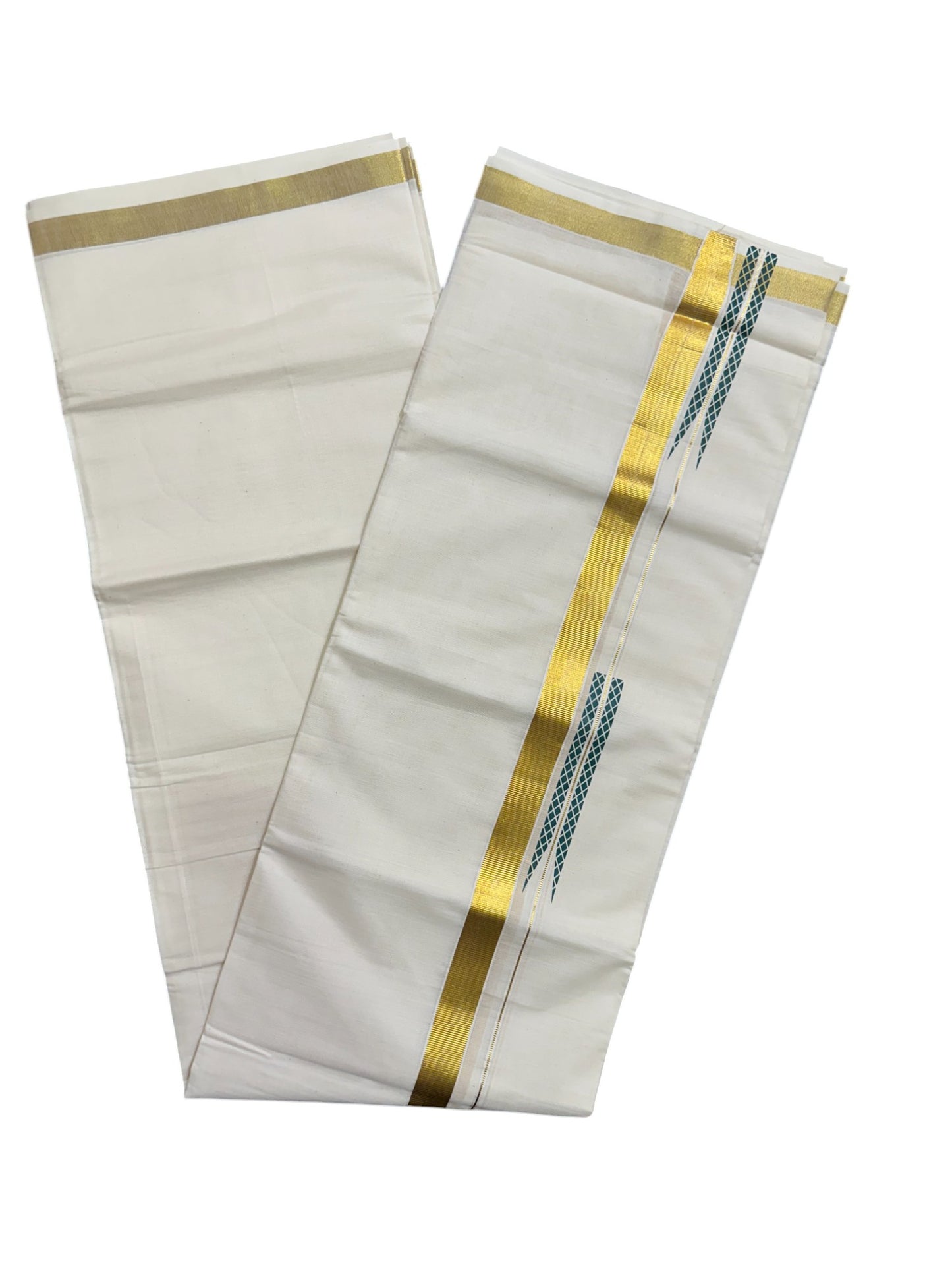 Kerala Pure Cotton Double Mundu with Green Chutti Printed Designs on Kasavu Border (South Indian Kerala Dhoti)